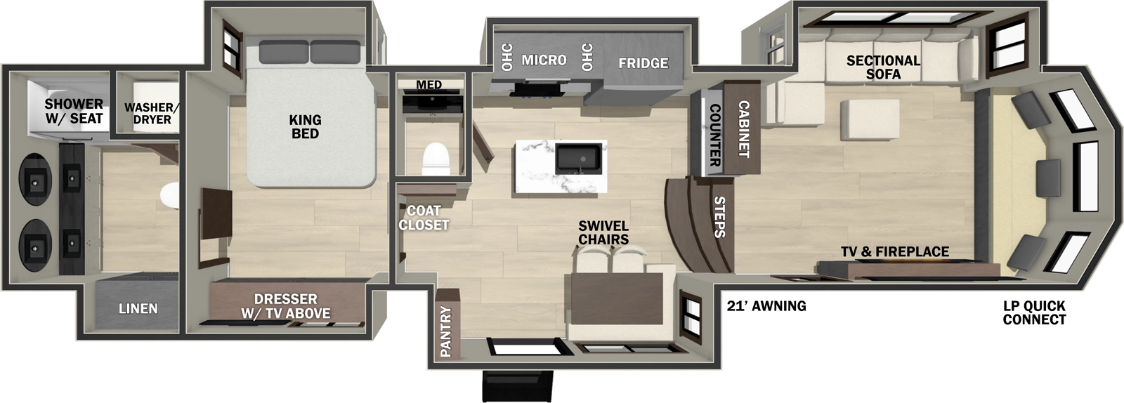 The Cedar Creek Cottage Fifth Wheels 413FWC floorplan has one entry and five slide outs. Exterior features include: fiberglass exterior and 21' awning. Interiors features include: kitchen island, front living, rear bathroom and bathroom and a half.